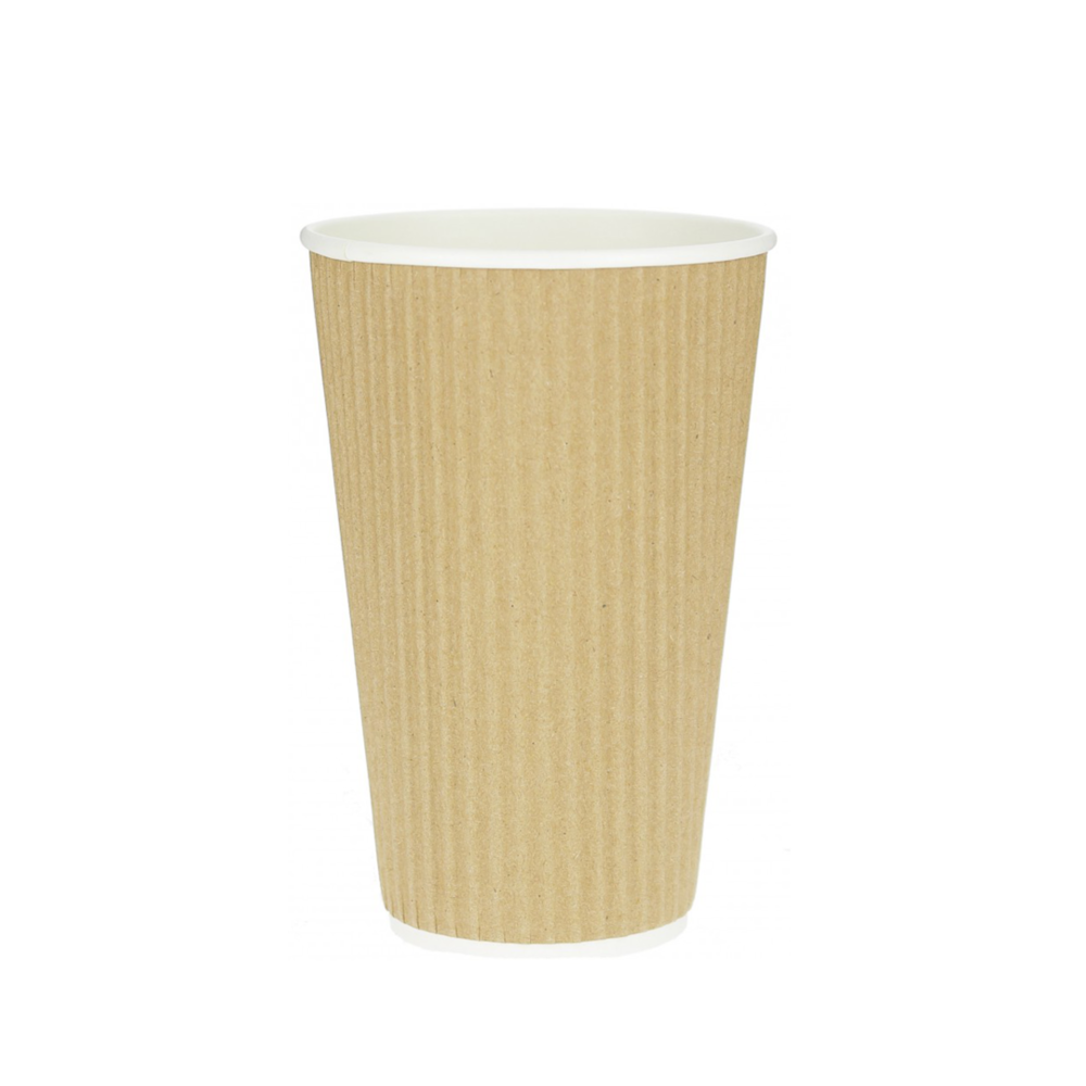 Copo Cartão Canelado Kraft 480ml (16Oz) c/ Tampa “To Go” Preta – Caixa completa 500 Unidades