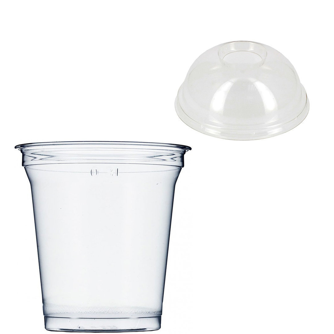 Vaso PET reciclable ultra transparente 473 ml 16 oz Ø 92 mm con tapa plana  con x para cañita – Omipack