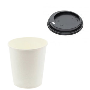 White Paper Cups 126ml (4Oz) w/ Black Lid ToGo - Box of 2400 units