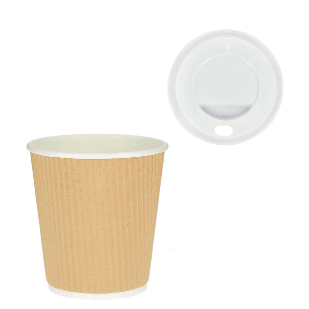 Gobelet en Carton Ondulé Kraft 240ml (8Oz) avec Couvercle Blanc “To Go” – Paquet 25 unités