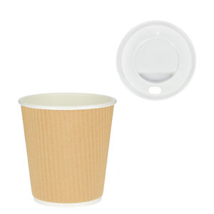 Corrugated PaperCup Kraft 240ml (8Oz) w/ White Lid “To Go”- Pack 25 units