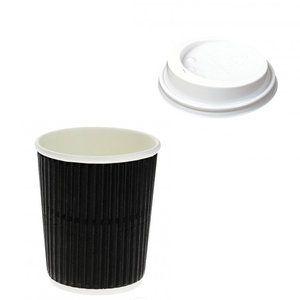 Gobelet en Carton Ondulé Noir 240ml (8Oz) avec Couvercle Sans Trou Blanc – Paquet 25 unités