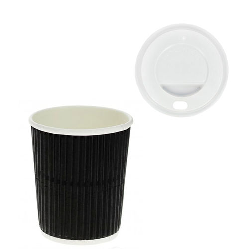Corrugated PaperCup Black 240ml (8Oz) w/ White Lid “To Go”- Pack 25 units