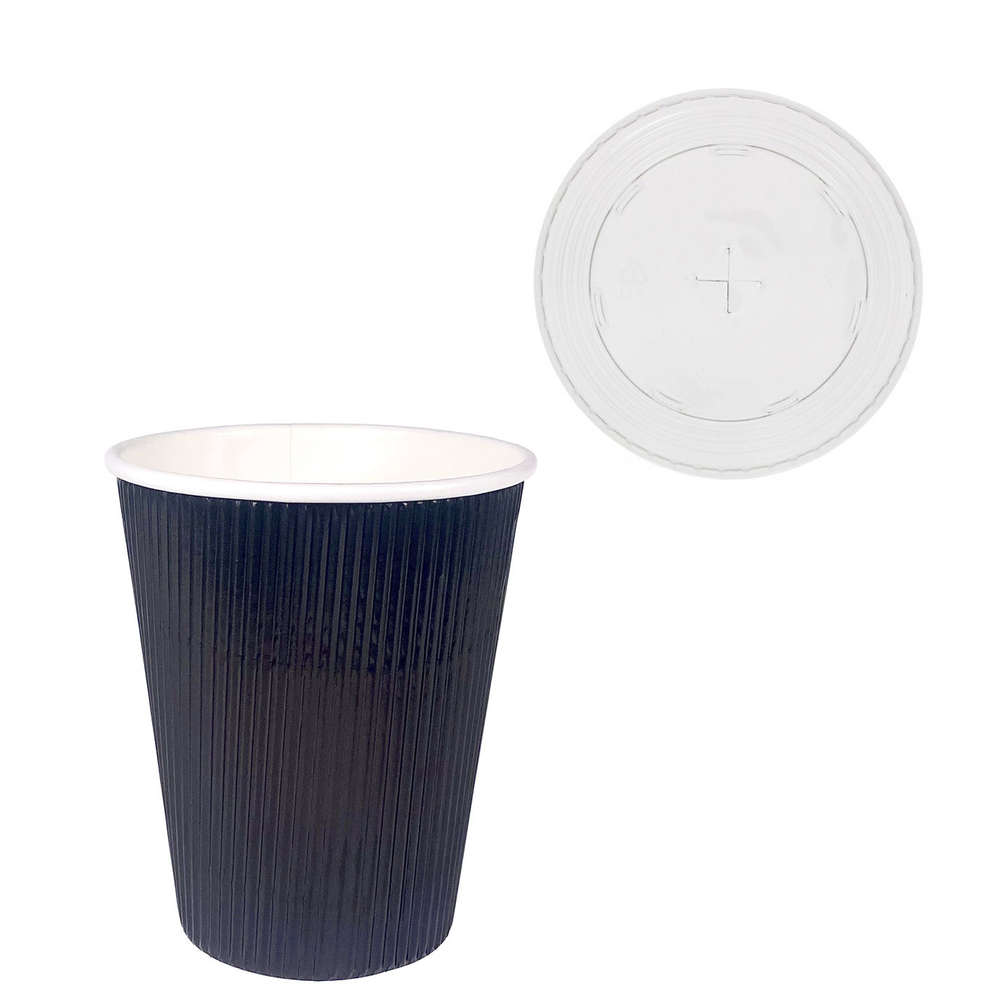 Gobelet en Carton Ondulé Noir 360ml (12Oz) avec Couvercle pour Pailles - Boîte Complète 500 unités