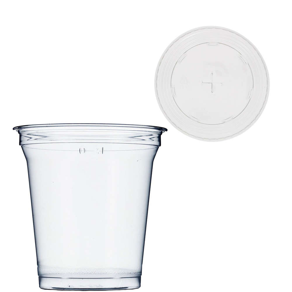 Copo Plástico RPET 12oz - 350ml Com Tampa Plana Com Cruz - Caixa Completa 800 unidades